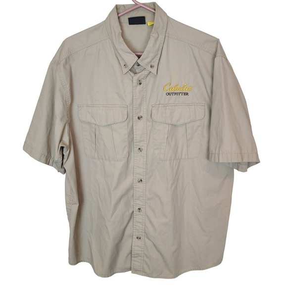 Cabela's Mens L Tan Short Sleeves Button Down Outfitters Safari Shirt Pockets - Picture 1 of 6